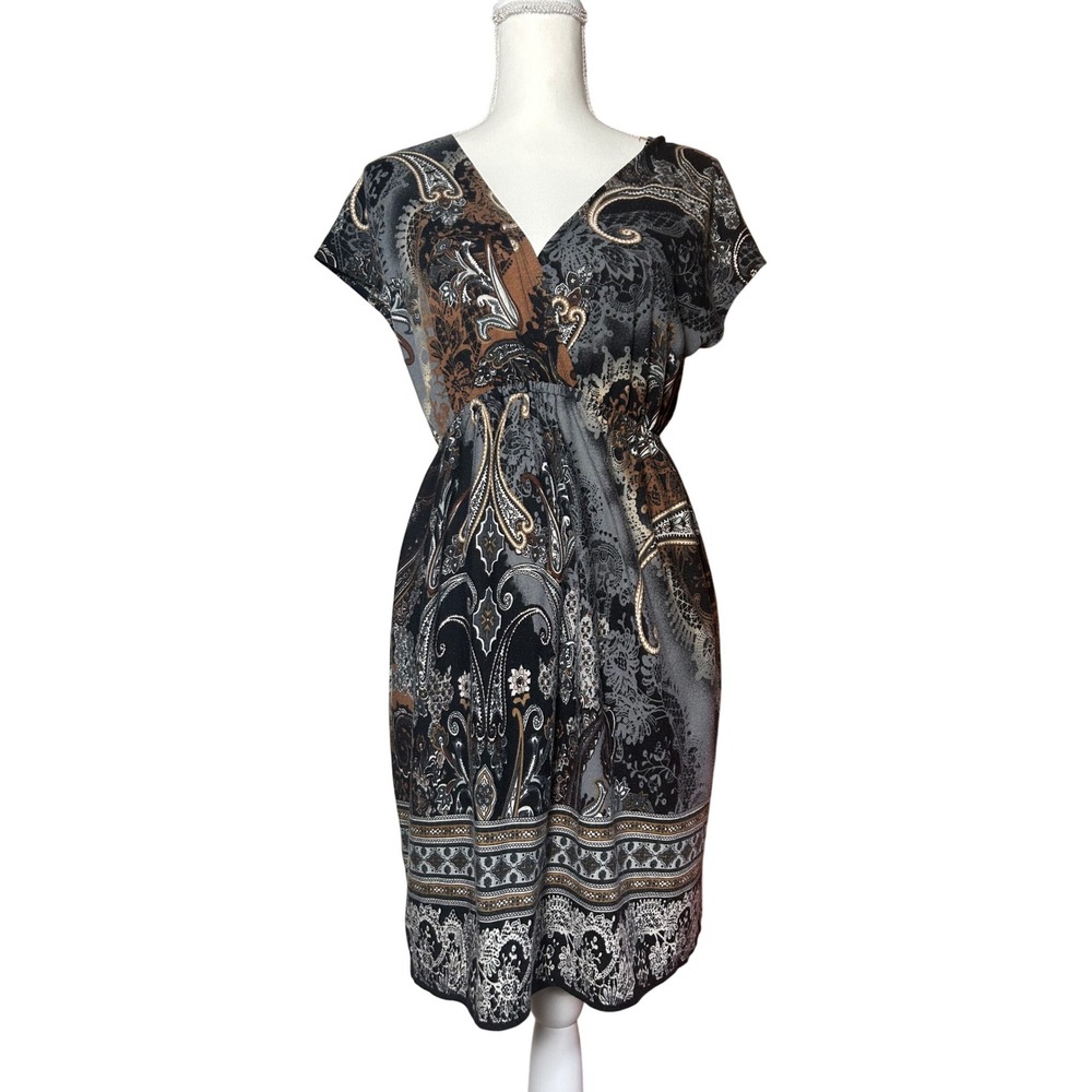 Y2K Boho Whimsigoth Paisley Print Dress Womens Small Black Brown Bohemian Casual